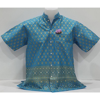 เสื้อลายไทยคอจีน - สีฟ้าพิมพ์ทอง มีเฉพาะผู้ชาย