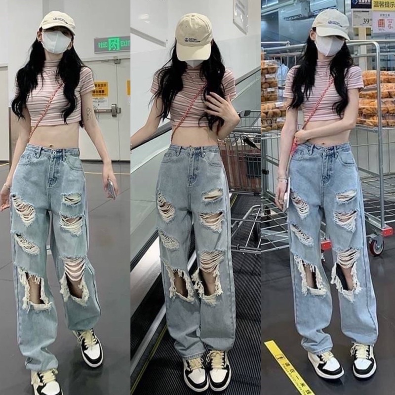 ทักก่อนสั่ง-กางเกงยีนส์-เอวสูง-แต่งขาดเซอร์-s-xl-lolita