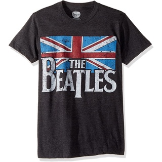 100%cotton เสื้อยืดผู้ชายแฟชั่น Bravado Mens Beatles Distressed British Flag T-shirt, Grey men เสื้อ ยืด ผู้ชาย คอกลม โ