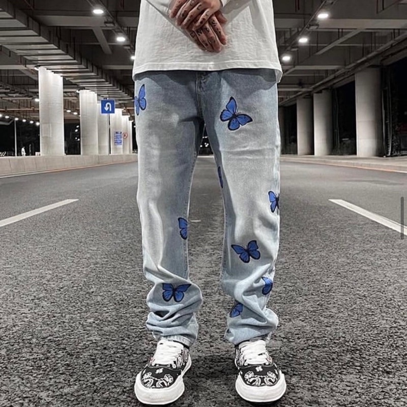 กางเกงยีนส์ผู้ชายทรงกระบอกเล็ก blue butterfly jeans กางเกงยีนส์มินิมอล