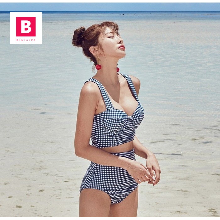 bikinifc-m-xl-sb54-บิกินี่ทูพีซ-ชุดว่ายน้ำกางเกงเอวสูง-เก็บทรงสวย-สีน้ำเงินลายสก็อต-ชุดเที่ยวทะเล