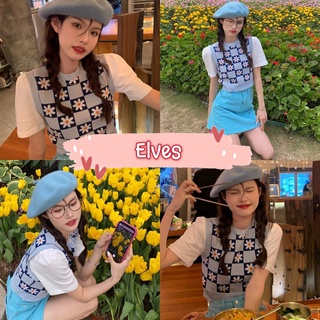 Elves✨พร้อมส่ง✨ เสื้อไหมพรมแขนกุด ดีเทลลายดอกไม้น่ารัก คิ้วเกาหลีสุด ~49102~