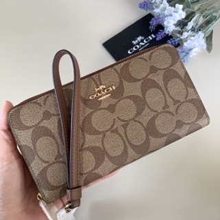 🎀 (สด-ผ่อน) กระเป๋าสตางค์ซิปรอบ มีสายคล้อง น้ำตาลลายซี coach C4452 LONG ZIP AROUND WALLET IN SIGNATURE CANVAS