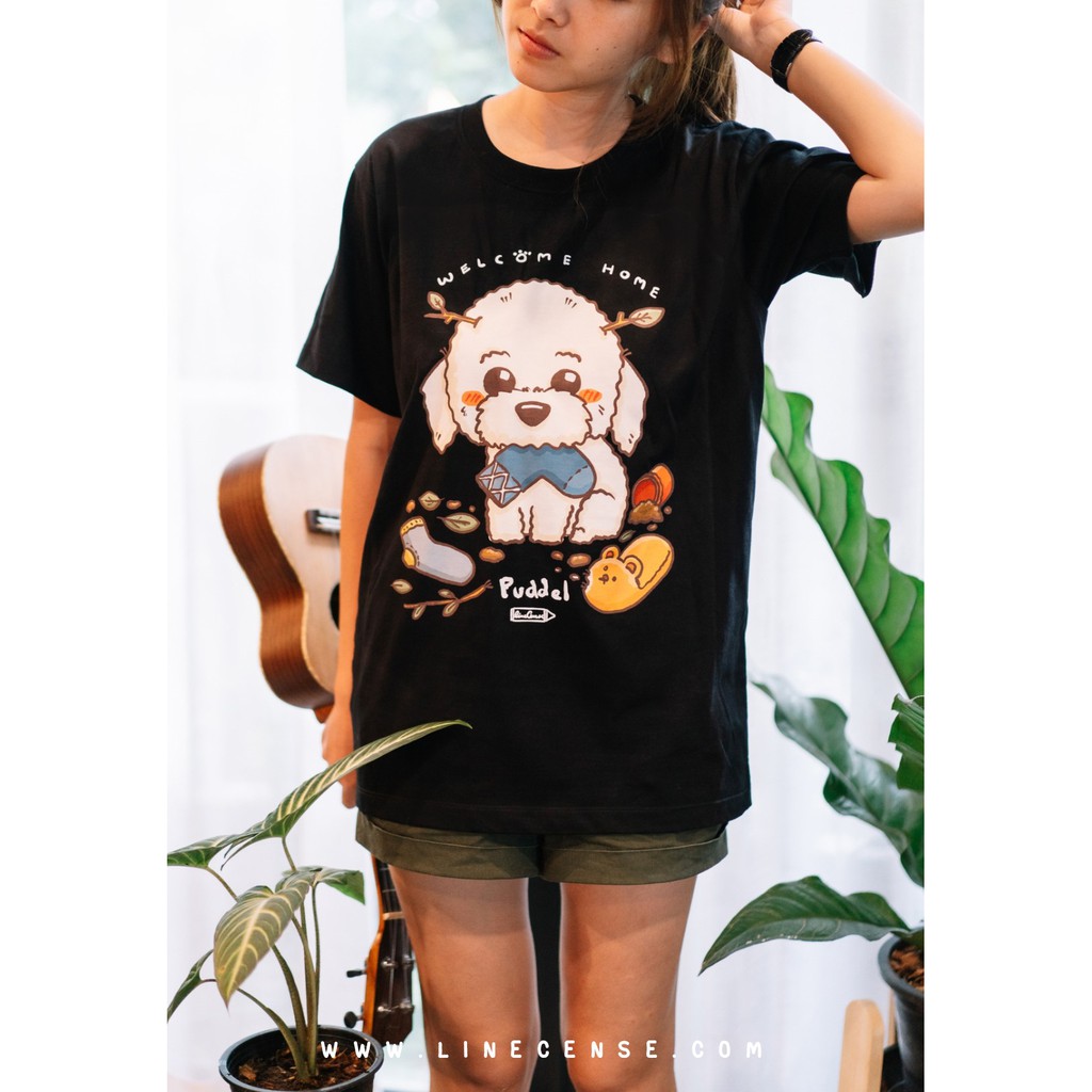 s-5xl-puddle-welcome-home-dog-on-black-t-shirt-เสื้อยืด-พรีเมี่ยม-สีดำ-ลายน้องหมาพุดเดิล-premium-cotton-comp-100