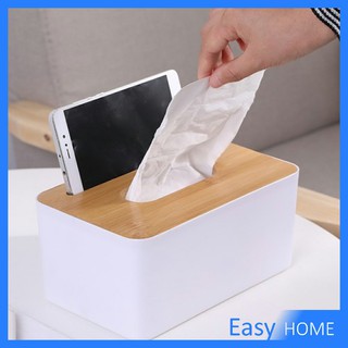 กล่องใส่กระดาษทิชชู่มีที่วางโทรศัพท์ ช่องอเนกประสงค์ กล่องทิชชู่เก็บของ Wood Tissue Box
