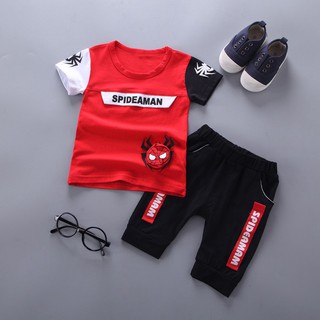 เสื้อยืดเด็กแขนสั้นพิมพ์ลายการ์ตูน + กางเกงขาสั้น
