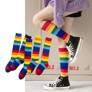Rainbow Striped Women Crew Socks Autumn Candy Color Thin Ins Style Japanese Cotton Girls Knee High Compression Stockings 1 Pair