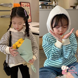 เสื้อกันหนาว แขนยาว มีฮู้ด ทรงหลวม ลายทาง แบบเรียบง่าย สไตล์เกาหลี สําหรับเด็กผู้หญิง