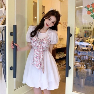 🔥Hot sale~ 2021 ใหม่วิทยาลัยขนาดเล็กหวาน first love กระโปรงเอว slimming พัฟแขนดอกไม้ชุดกระโปรงหญิง