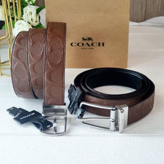 🎀 (สด-ผ่อน) เข็มขัด เส้นเล็ก Coach สีน้ำตาลลายซีนูน หัวเข็ม สีเงิน 91309 F55158 MODERN HARNESS CUT-TO-SIZE REVERSIBLE