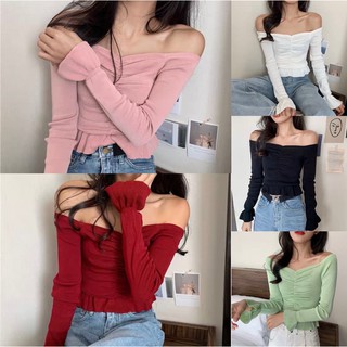 1LDK🌈พร้อมส่ง🌈เสื้อครอปแขนยาวแต่งน่นระบายปลายแขน(061-1)