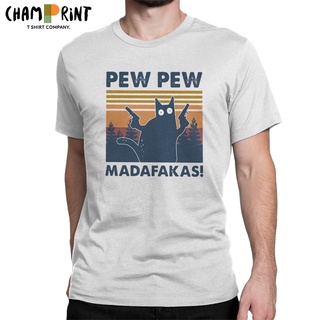 เสื้อยืดแขนสั้นลําลอง ผ้าฝ้ายแท้ พิมพ์ลาย Pew Madafakas Cat With Guns แฟชั่นฤดูร้อน สําหรับผู้ชายS-5XL