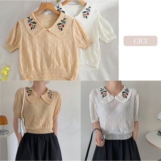 Cici(NO.85006) เสื้อแขนสั้นไหมพรมถักknit คอปกซีทรูเบาๆ ปักลายดอกไม้ โซคิ้วมากก