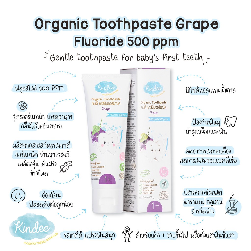 kindee-ยาสีฟันเด็ก-1-ขวบ-ขึ้นไป-ออแกนิค-คินดี้-organic-kid-toothpaste-ยาสีฟันเด็กกลืนได้-รสองุ่น-มีฟลูโอไรด์-food-grade