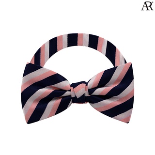 ANGELINO RUFOLO Bow Tie ผ้าไหมทออิตาลี่คุณภาพเยี่ยม โบว์หูกระต่ายผู้ชาย ดีไซน์ Triple Stripe สีโอรส-กรมท่า