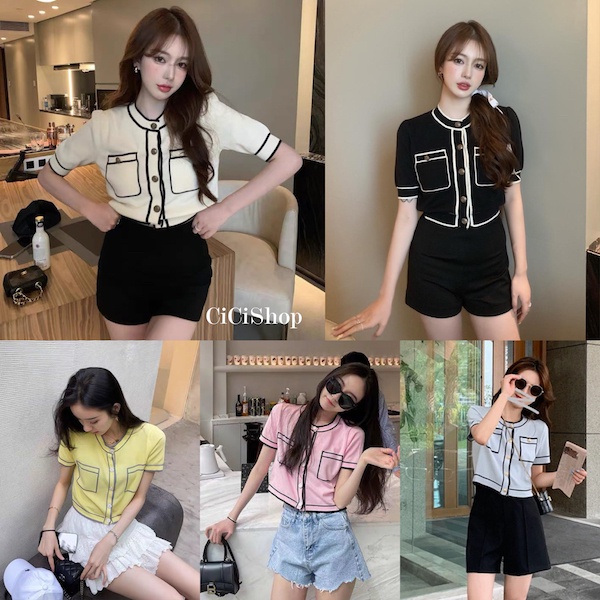 cicishop-47109-เสื้อไหมพรมแขนสั้น-ดีเทลกระเป๋า2ข้างทอสลับสีตัดขอบแต่งกระดุม-ดูแพงมากๆ