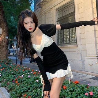 เดรส สะโพก เดรสสั้น เดรสแขนพอง  เดรสเซ็กซี่ มินิเดรส สไตล์วินเทจ คอเหลี่ยม แขนสั้น สง่างามและมีเกียรติ น่ารักมาก ปาร์ตี้