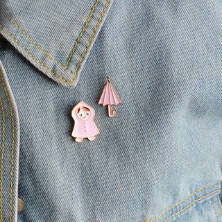 2pc / set เข็มกลัด เข็มกลัดน่ารัก เด็กและร่ม Pink umbrella raincoat girl Badges Enamel Brooch Pins 2 ชิ้นต่อเซ็ต