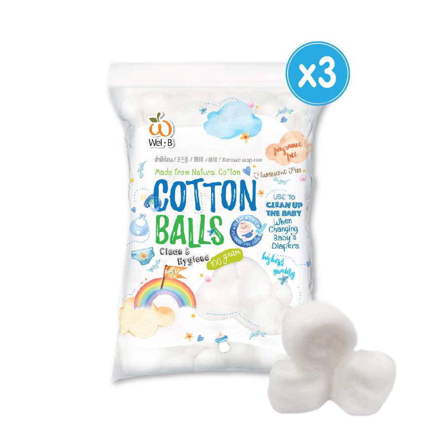 ภาพหน้าปกสินค้าWel-B Cotton Balls 100g (เวลบี สำลีก้อน ขนาด 100 กรัม) (แพ็ค 3ซอง) - สำลี สำหรับเด็ก ทารก สำลี