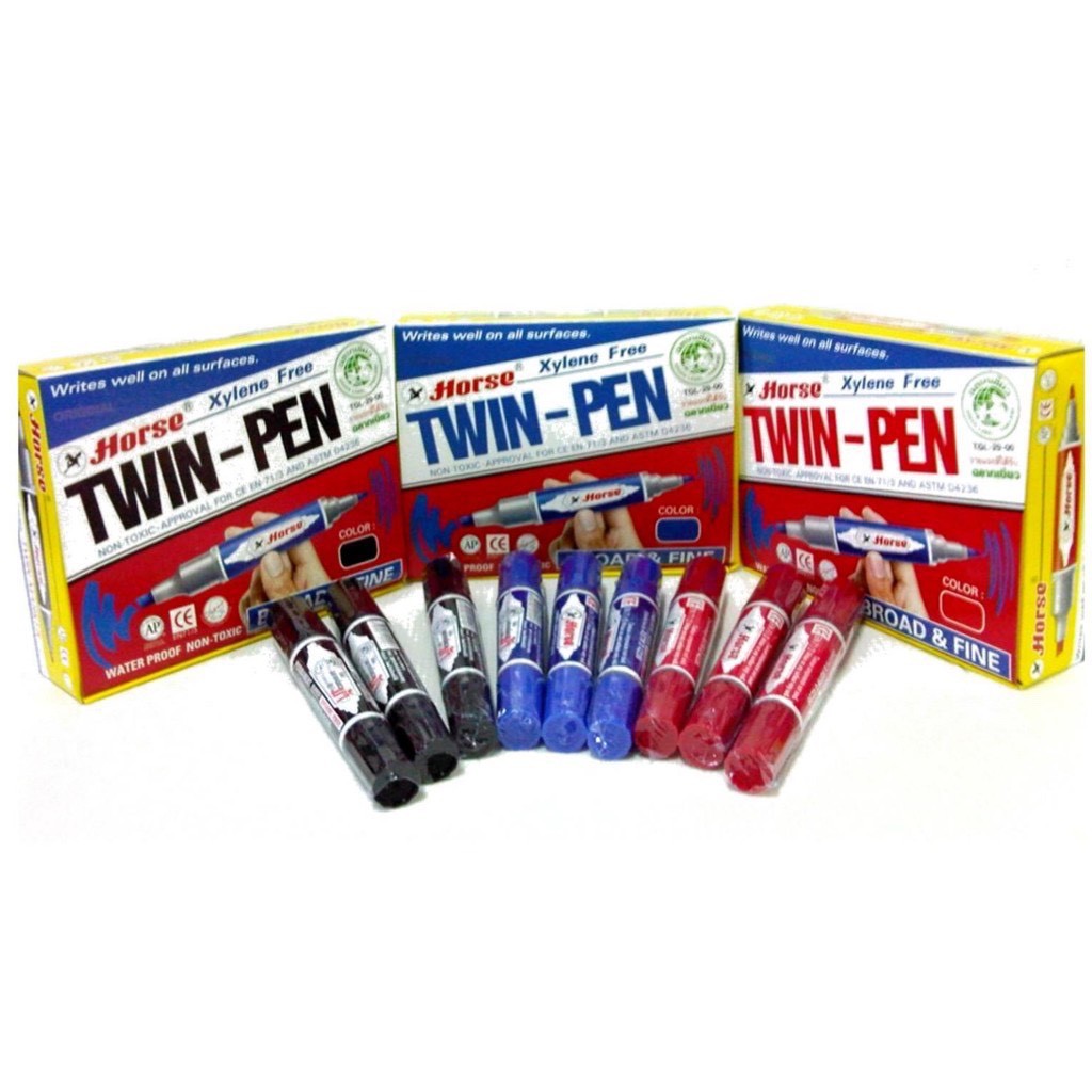 ภาพหน้าปกสินค้าปากกาเคมี ปากกาเมจิก 2 หัวตราม้า สีน้ำเงิน, สีแดง, สีดำ แพ็ค 12 ด้าม