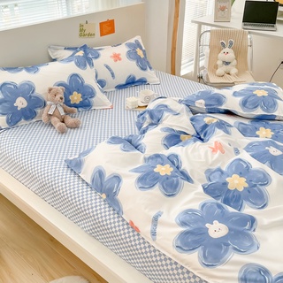 ใหม่ ชุดเครื่องนอน ผ้าปูที่นอน ลายดอกไม้ สีฟ้า มีซิป แผ่น ปลอกผ้านวม ปลอกหมอน 3.5 ฟุต/ 5 ฟุต/ 6 ฟุต floral bedsheet set with quilt cover