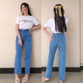 Cc jeans 089 กางเกงยีนส์ผู้หญิง เอวสูง กระบอก สีอ่อน กระเป๋าหน้า กางเกงผู้หญิง