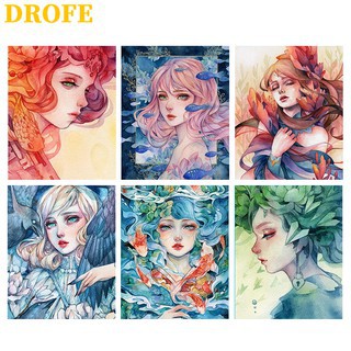 Drofe ภาพวาดระบายสีตามตัวเลข รูปผู้หญิงและดอกไม้ 40X50 ซม.