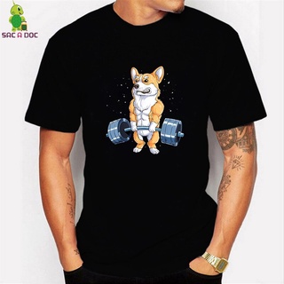 T-shirt  เสื้อยืดแขนสั้น Camisetas hombre Corgi เหมาะกับใส่ออกกําลังกาย สําหรับผู้ชายS-5XL