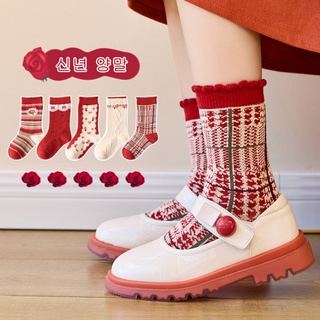 ถุงเท้าข้อยาว ผ้าฝ้าย แบบหนา ให้ความอบอุ่น สีแดง สําหรับเด็กผู้หญิง 5 คู่
