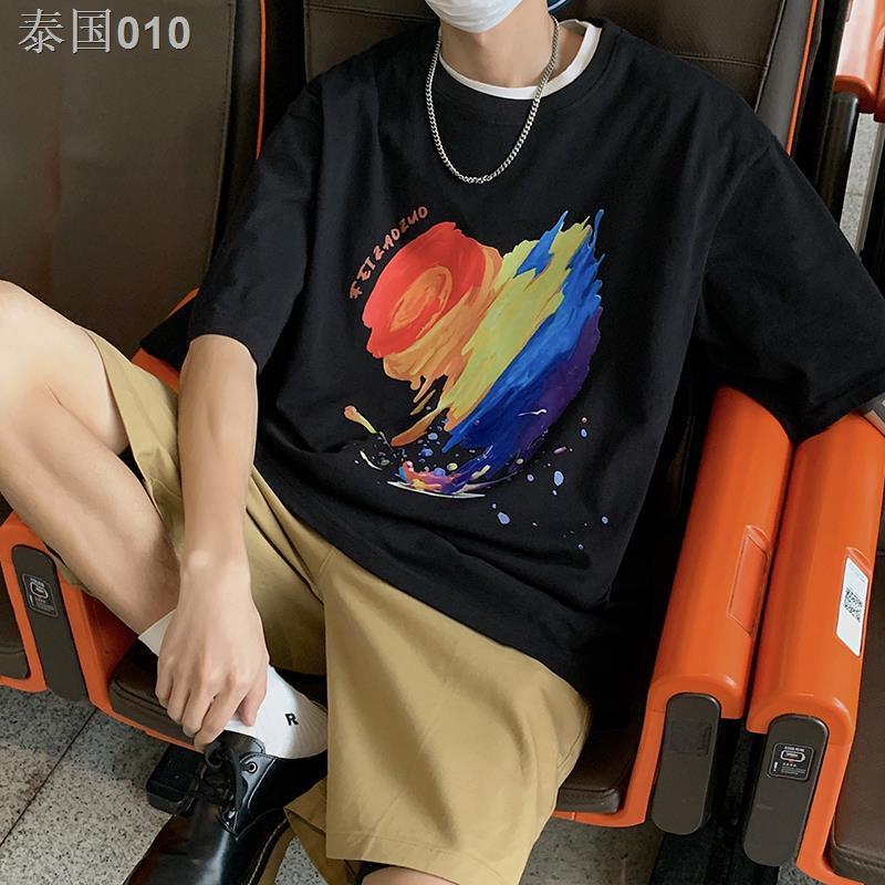 tide-แบรนด์เสื้อยืดแขนสั้นผู้ชายฤดูร้อนหลวมเกาหลีรุ่นแนวโน้ม-hip-hop-กราฟฟิตีพิมพ์รอบคอเสื้อยืดนักเรียนเสื้อผ้าด้านบน