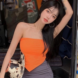 เสื้อเกาะอก แบบยืดหยุ่น สีพื้น เซ็กซี่ สไตล์เกาหลี สำหรับผู้หญิง
