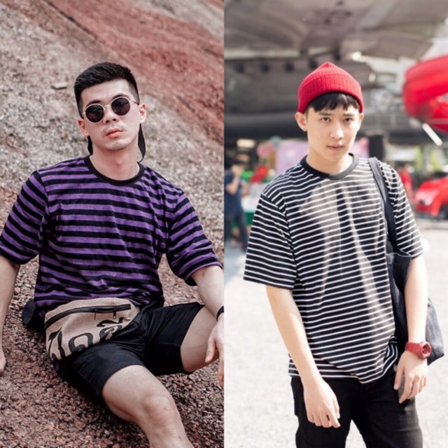 ภาพสินค้าเสื้อOversize ลายทางม่วงดำ,ลายทางดำขาวเล็ก จากร้าน pastelmen บน Shopee ภาพที่ 1