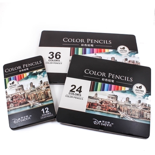 เช็ครีวิวสินค้าดินสอสี กล่องเหล็ก 12/24/36 สี เกรด A+ ส่งออก Dishter ชุดระบายสี สีไม้ พร้อมกล่อง