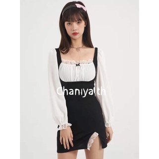 Chaniya.th🌺พร้อมส่ง🔥ชุดเดรสกระโปรงสั้นแบบใหม่เหนือเข่าแขนยาวลูกไม้สีขาวดำแนวสาวเกาหลีสุดนักรัก✨