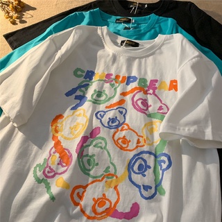 2022 แขนสั้นใหม่เสื้อยืดคอกลมแขนสั้นพิมพ์ลายหมีสไตล์เกาหลีนักเรียนหญิงล้วนเสื้อลำลอง