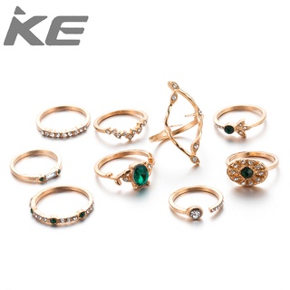 Polygonal Leaf Emerald Open Diamond Alloy Ring Set of 9 for girls for women low price