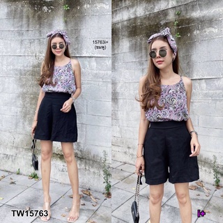 TW15763 Set 3 ชิ้น เสื้อสายเดี่ยว ผ้าไหมอิตาลี่ พิมลาย +กางเกงขาสั้น ผ้าคอตตอลลินิน  เอวยืดสม็อคหลัง มาพร้อมสายผูกคาดผมล