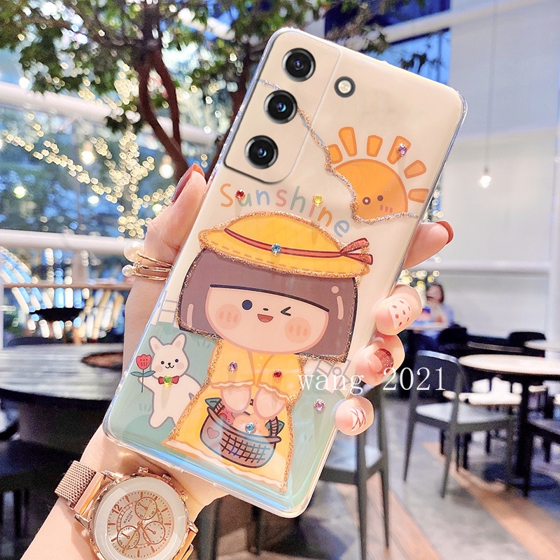 2022-new-soft-case-เคส-samsung-galaxy-s22-s22-ultra-5g-casing-rhinestone-cute-flower-girl-cartoon-protective-phone-case-เคสโทรศัพท