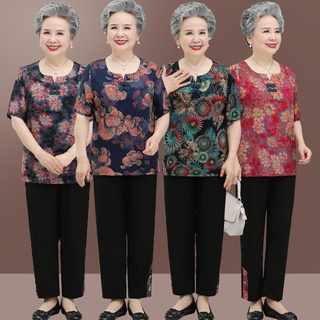 เสื้อผู้หญิง    เสื้อคนแก่☋₪◄ชุดฤดูร้อนยายเสื้อผู้สูงอายุหญิง 70 ปี 80 แม่สวมเสื้อผ้าผู้สูงอายุแขนสั้นหญิงชราชุดสูทสองช