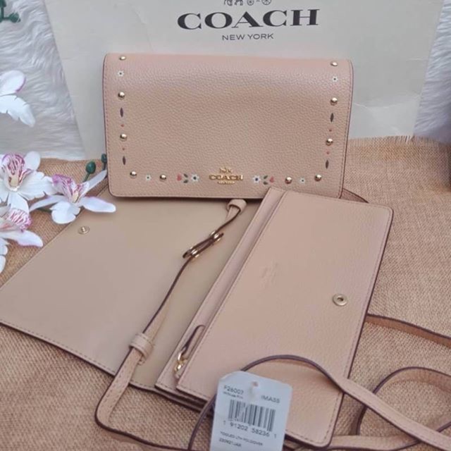 coach-tooled-leather-foldover-cluth-สีชมพูนู๊ด