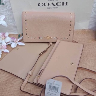 Coach Tooled Leather Foldover Cluth สีชมพูนู๊ด