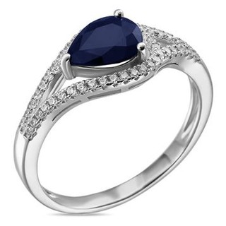 แหวนพลอยไพลินสีน้ำเงินเข้มหยดน้ำ (Sapphire) ตัวเรือนเงินแท้ 92.5 % ประดับด้วยเพชรรัสเซีย รุ่น3068