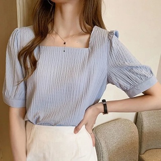เสื้อเชิ้ตแขนสั้น คอสี่เหลี่ยม ขนาดใหญ่ สีพื้น แฟชั่นฤดูร้อน สไตล์เกาหลี สําหรับผู้หญิง