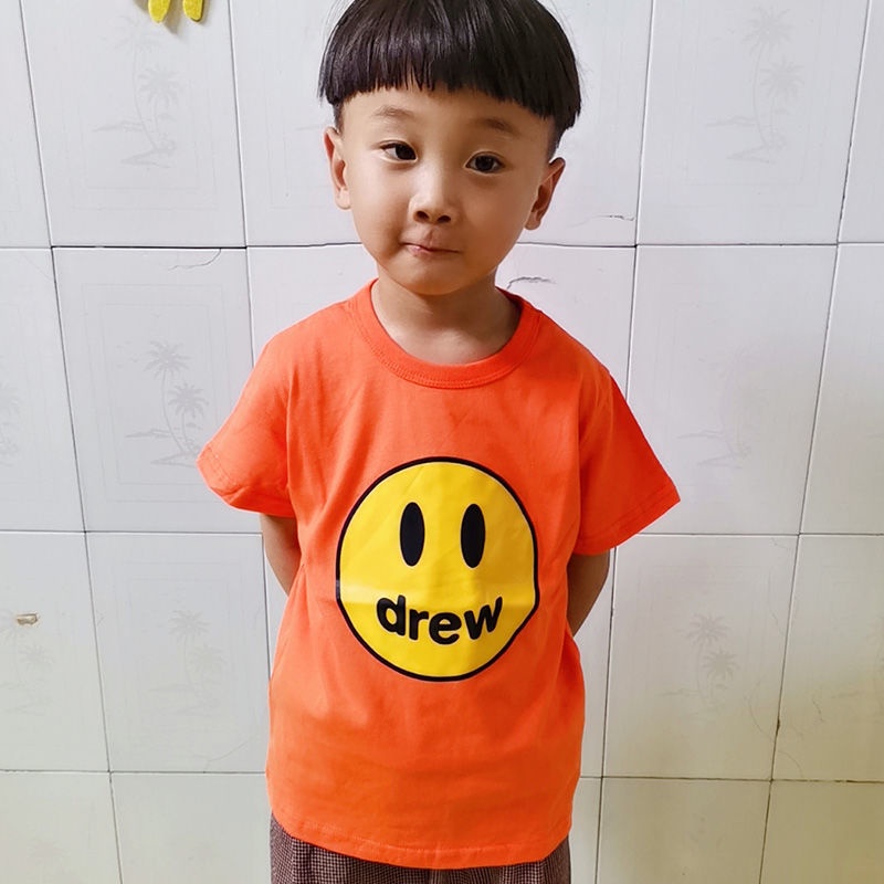 ยิ้ม-เสื้อครอป-drew-house-cotton-drew-smiley-face-tide-brand-childrens-short-sleeve-t-shirt-2021-summer-new-boys-and-girls-foreign-fashion-printed-t-shirt