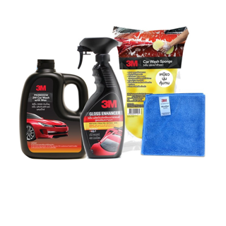  3M Set 35 แชมพูล้างรถ PN39000W + เคลือบเงารถยนต์ PN39034LT+ ผ้าไมโครไฟเบอร์ 30x30 cm. สีฟ้า + ฟองน้ำ Car Sponge