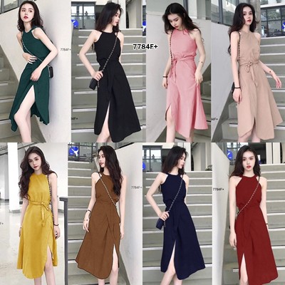 G7784 เดรสผ่าหน้าแขนกุดคอกลม | Shopee Thailand