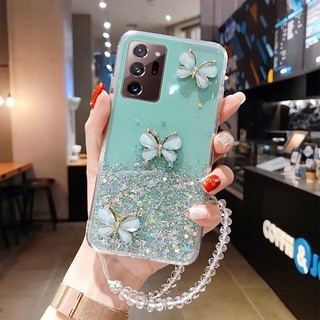 เคสโทรศัพท์มือถือ ซิลิโคนนุ่ม ใส ลายผีเสื้อ 3D แต่งกลิตเตอร์ พร้อมสายคล้องคริสตัล สําหรับ Samsung Galaxy A52S A52 A72 A32 A12 A13 A04 A04E A02S A03S A04S