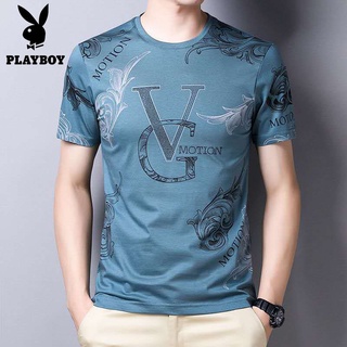 เสื้อยืดแขนสั้น คอกลม ผ้าเรยอน ระบายอากาศได้ดี พิมพ์ลายตัวอักษร Playboy แฟชั่นฤดูร้อน สําหรับผู้ชายวัยกลางคน