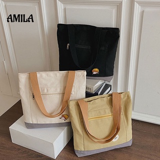 Amila ใหม่ กระเป๋าสะพายไหล่ลําลอง ผ้าแคนวาส ความจุขนาดใหญ่ สีพื้น ความจุเยอะ (ให้ซีลเหรียญ)