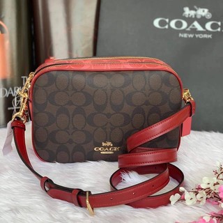 (ผ่อน0%) กระเป๋าสะพายข้าง Coach  91077 Jes 2ซิป ลายฃีสีน้ำตาล สายสะพายสีแดง